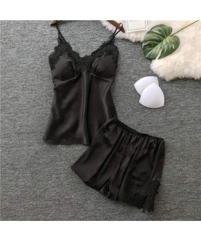 Womens Lingeries Sexy Satin Sling Sleepwear Loose Thin Lingerie Lace Camisole Nightdress Set - Black - CO18S77O6QQ $16.39 Nig...