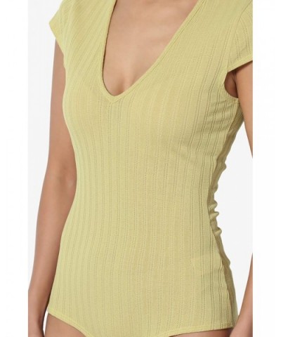 Basic Essential V-Neck Short Sleeve Stretch Ribbed Fitted Top T-Shirt - Bodysuit Wasabi - C818Q823YOH $34.91 Shapewear