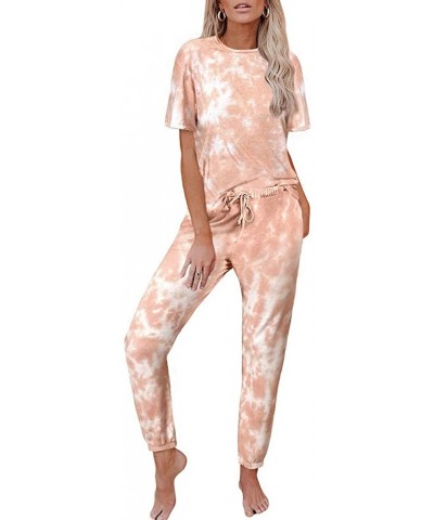 Tie Dye Pajamas for Women-Two Piece Pajamas Set Tie Dye Printed Short Sleeves T-Shirt Long Pants Joggers Sleepwear - Orange -...