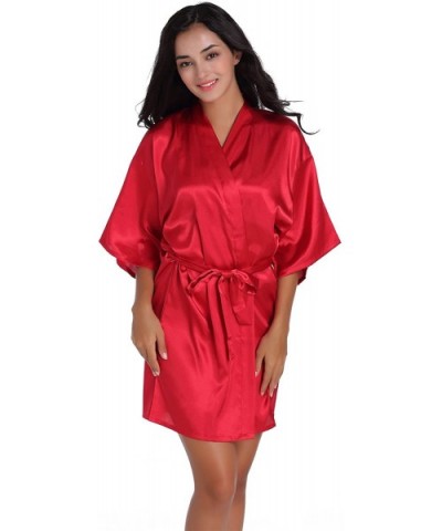 Women's Satin Short Kimono Robe Plain Dressing Gown - Red - CA188I2XKQN $20.22 Robes