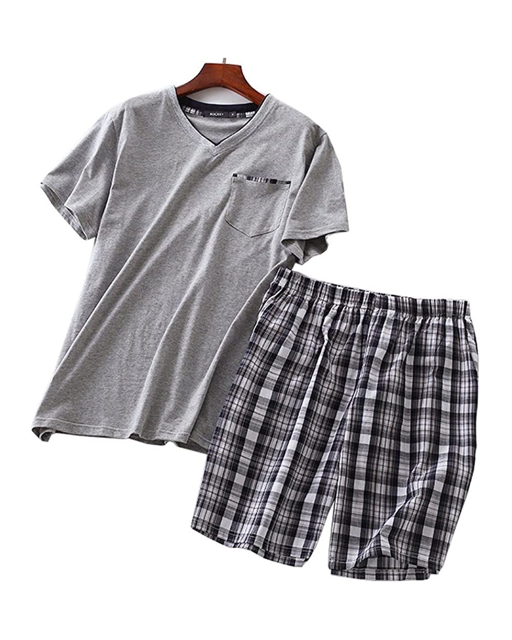 Men's Summer 100% Cotton Short Sleeve Pajamas Sleepwear Adult Casual Shorts & Shirt PJ Set - Gray - C018G0RW39Z $33.20 Robes