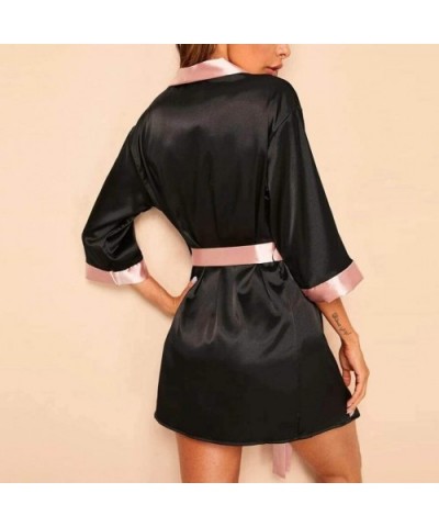 New Women's Satin Robe Sets- Silk Long Sleeve Satin Pajamas Sleepwear Robe with Belt Bathrobe - Black - C1194RAKW9G $17.60 Robes