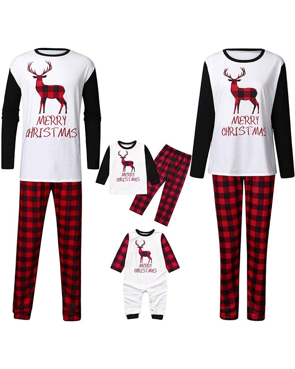 Christmas Family Matching Pajama Sets Plaid PJ's with Elk Letter Printed Tee and Red Plaid Pants Loungewear - White - CY192GE...