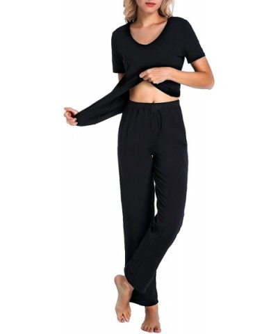 Women's V-Neck Sleepwear Cotton Short Sleeve Pajama Set - Black - CM17YYXXZ9G $47.39 Sets