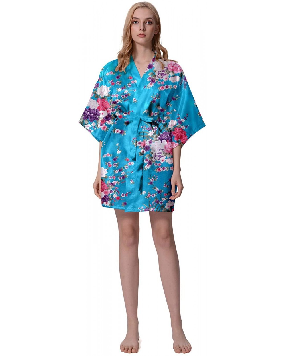 Women Robe Kimono Bride Bridesmaid Floral Robes for Wedding Bridal Party Silky Floral Patterns Lightweight Soft Sleepwear - A...