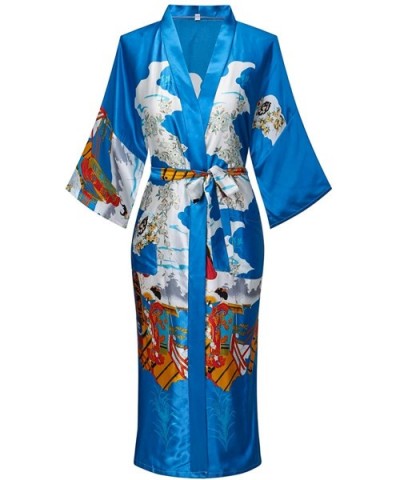 Women's Long Kimono Robe Lightweight Silk Bathrobe Nightgown with Pockets - Pagoda& Geisha Blue - CF12MBRV9JR $32.02 Robes