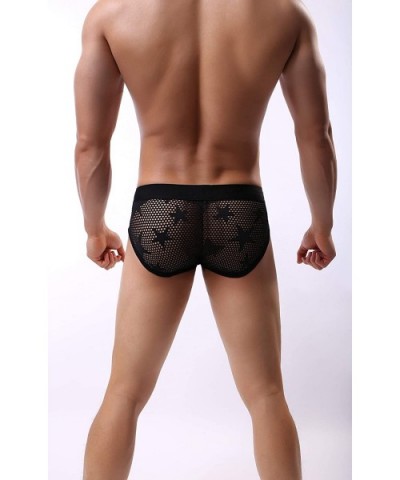 Men's Star Mesh Briefs Breathable Jacquard Transparent Underpants - Black - CA18AHCMCON $12.07 Boxer Briefs