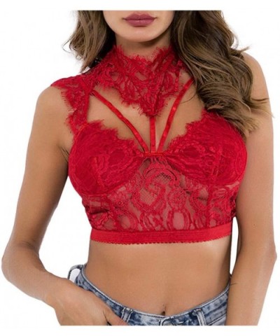 Women Lingerie Sexy Lace Neck-Hung Backless Hollow Out Elastic Vest Teddy Babydoll Underwear Bra - Red - CK18WSM6IYD $21.23 B...