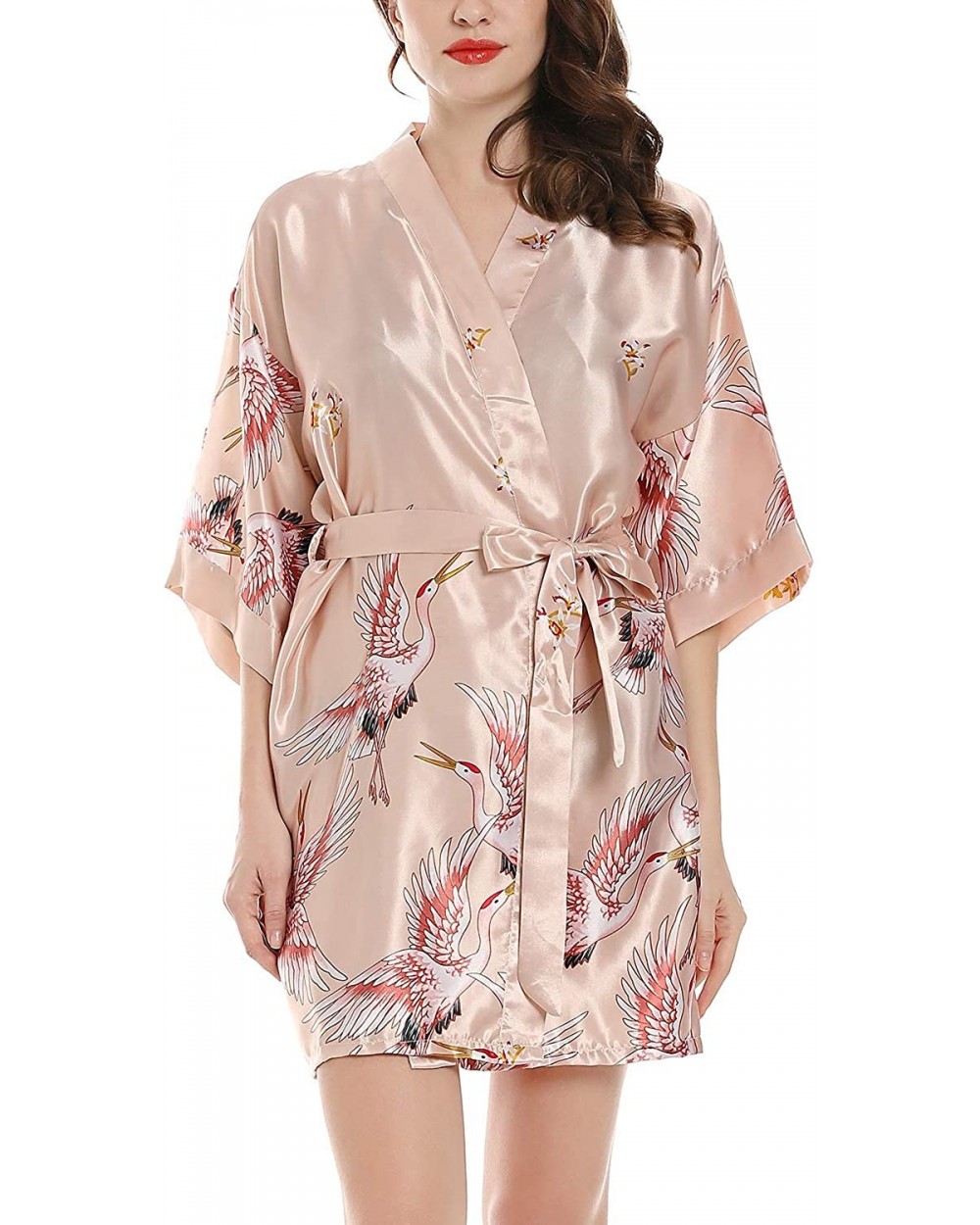 Women's Short Silk Kimono Robes Satin Loungewear Half Sleeve Luxury Crane Nightwear - Pink - CV18TA8H72U $33.72 Robes