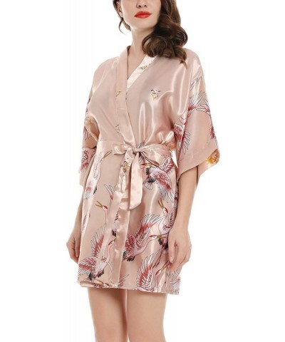 Women's Short Silk Kimono Robes Satin Loungewear Half Sleeve Luxury Crane Nightwear - Pink - CV18TA8H72U $33.72 Robes