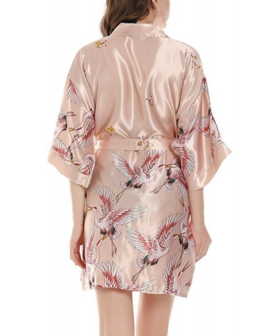 Women's Short Silk Kimono Robes Satin Loungewear Half Sleeve Luxury Crane Nightwear - Pink - CV18TA8H72U $33.72 Robes