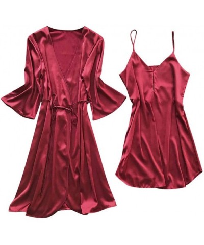 Women Satin Silk Pajamas Set Sexy Solid Color Bathrobe Robes Nightdress Lingerie 2PC Set - Wine - CZ194CTZTYE $27.66 Robes