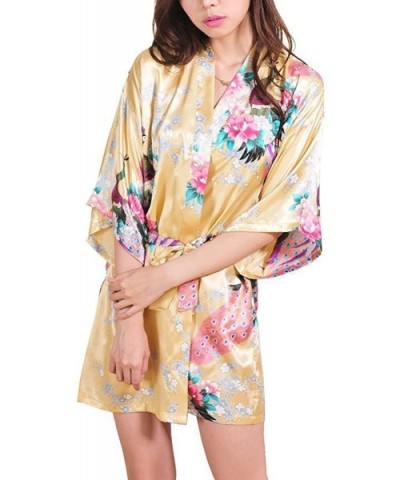 Women's Sexy Japanese Kimono Silk Short Robe Peacock Nightgown Sleepwear - Yellow - CI182QCU0YS $38.00 Robes