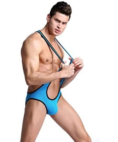 Men's Jockstrap Leotard Underwear Jumpsuits Wrestling Singlet Bodysuit - Blue - CE12N7AG2R1 $21.50 Briefs