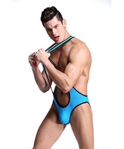 Men's Jockstrap Leotard Underwear Jumpsuits Wrestling Singlet Bodysuit - Blue - CE12N7AG2R1 $21.50 Briefs