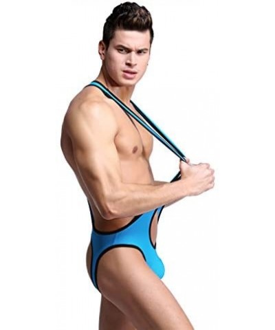 Men's Jockstrap Leotard Underwear Jumpsuits Wrestling Singlet Bodysuit - Blue - CE12N7AG2R1 $21.50 Briefs