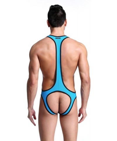 Men's Jockstrap Leotard Underwear Jumpsuits Wrestling Singlet Bodysuit - Blue - CE12N7AG2R1 $21.50 Briefs