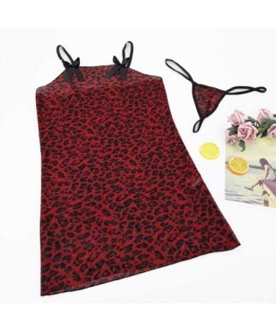 Sexy Lingerie Women Bow Leopard Print Lace Trim Babydoll Mini Dress + G-String - Red - CL1966RS7CL $14.41 Baby Dolls & Chemises