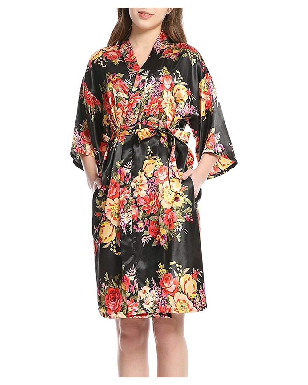 Women's Floral Kimono Robe Satin Sleepwear Bridesmaid Bride Robes for Wedding - Black - CI197Q9SSSI $52.74 Robes