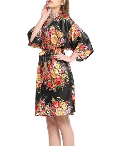 Women's Floral Kimono Robe Satin Sleepwear Bridesmaid Bride Robes for Wedding - Black - CI197Q9SSSI $52.74 Robes