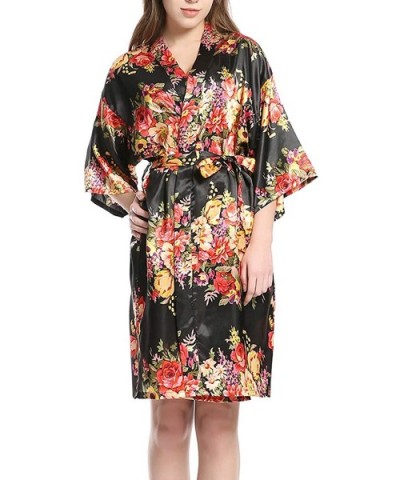 Women's Floral Kimono Robe Satin Sleepwear Bridesmaid Bride Robes for Wedding - Black - CI197Q9SSSI $52.74 Robes