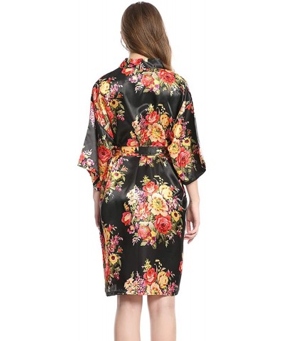 Women's Floral Kimono Robe Satin Sleepwear Bridesmaid Bride Robes for Wedding - Black - CI197Q9SSSI $52.74 Robes