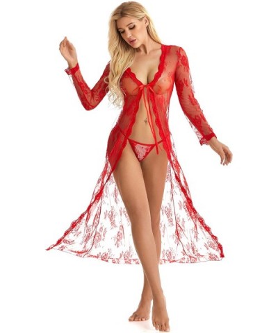 Lingerie for Women Sexy Lace Kimono Robe Long Gown Mesh Chemise - Red - C217YZZYU8M $21.90 Baby Dolls & Chemises