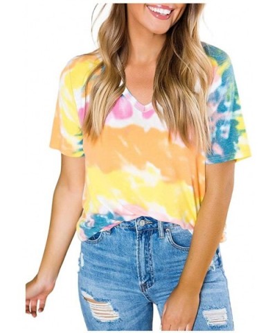 Women Casual Tie-Dye T Shirt Summer Patchwork V Neck Short Sleeve Tops Blouse Tunic Tee Pullover - Yellow - CN199NGXYS0 $22.7...