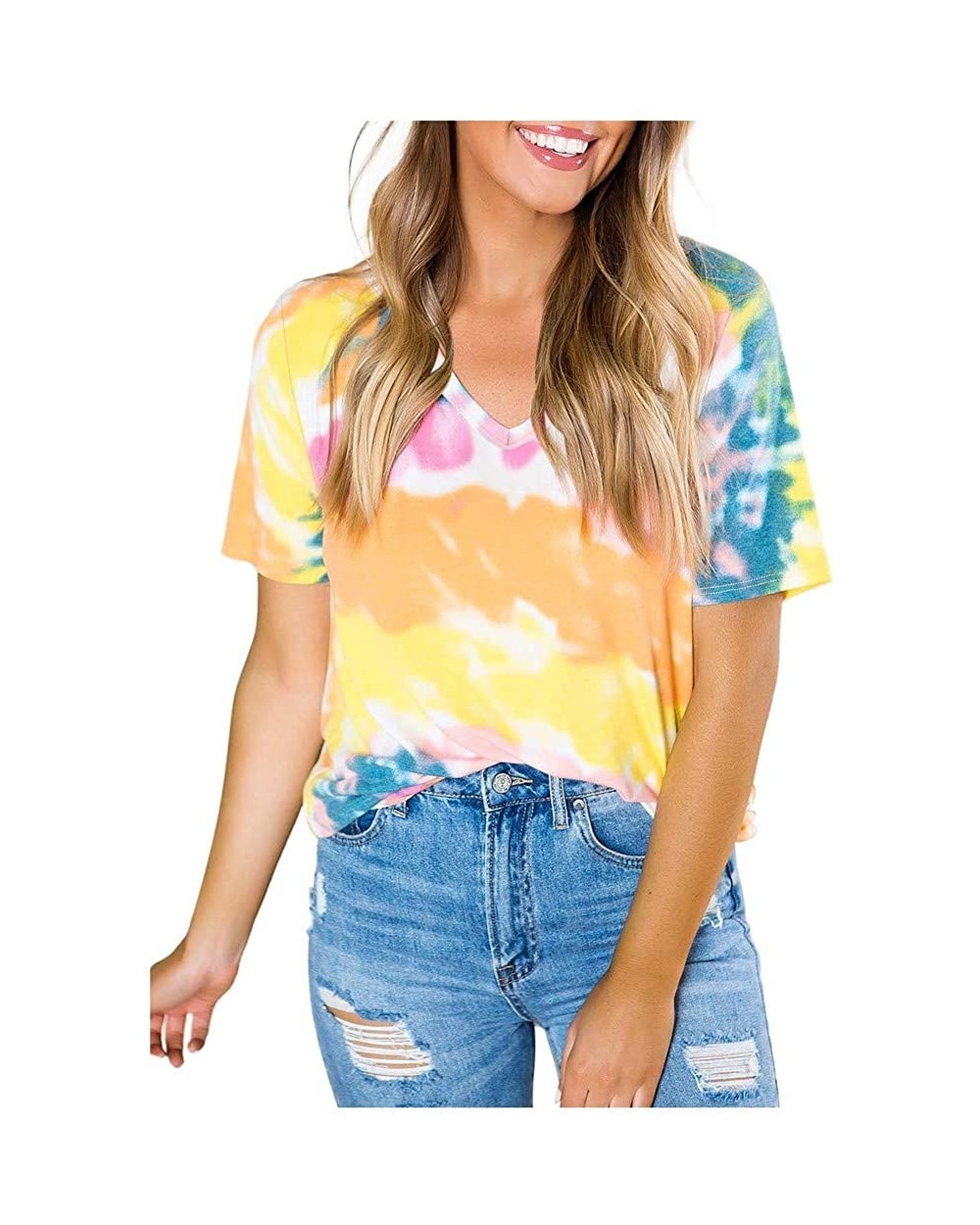 Women Casual Tie-Dye T Shirt Summer Patchwork V Neck Short Sleeve Tops Blouse Tunic Tee Pullover - Yellow - CN199NGXYS0 $22.7...