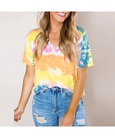 Women Casual Tie-Dye T Shirt Summer Patchwork V Neck Short Sleeve Tops Blouse Tunic Tee Pullover - Yellow - CN199NGXYS0 $22.7...