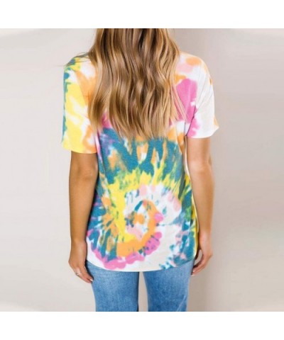 Women Casual Tie-Dye T Shirt Summer Patchwork V Neck Short Sleeve Tops Blouse Tunic Tee Pullover - Yellow - CN199NGXYS0 $22.7...