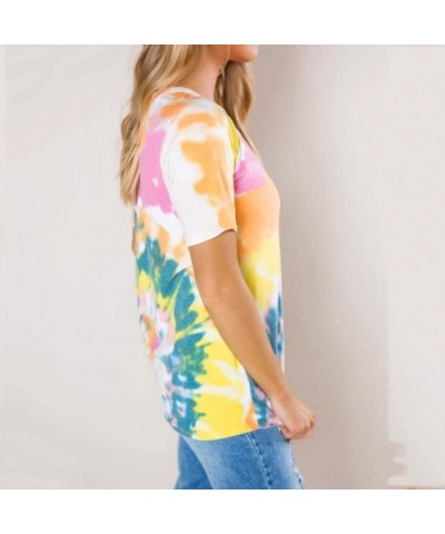 Women Casual Tie-Dye T Shirt Summer Patchwork V Neck Short Sleeve Tops Blouse Tunic Tee Pullover - Yellow - CN199NGXYS0 $22.7...