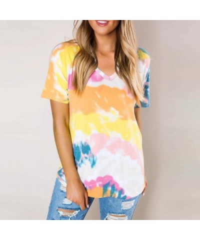 Women Casual Tie-Dye T Shirt Summer Patchwork V Neck Short Sleeve Tops Blouse Tunic Tee Pullover - Yellow - CN199NGXYS0 $22.7...