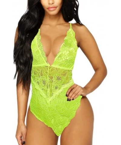 V-Neck See Through Lingerie Floral Lace Babydoll Sexy Lingerie for Women One Piece Bodysuit - Fluorescent Green - CL19DIGQAM7...