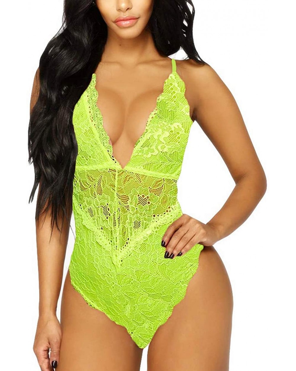 V-Neck See Through Lingerie Floral Lace Babydoll Sexy Lingerie for Women One Piece Bodysuit - Fluorescent Green - CL19DIGQAM7...