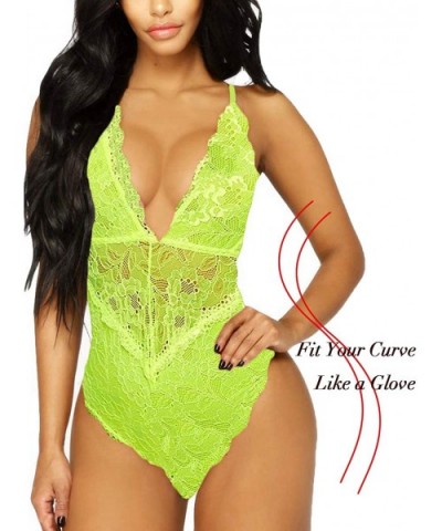 V-Neck See Through Lingerie Floral Lace Babydoll Sexy Lingerie for Women One Piece Bodysuit - Fluorescent Green - CL19DIGQAM7...