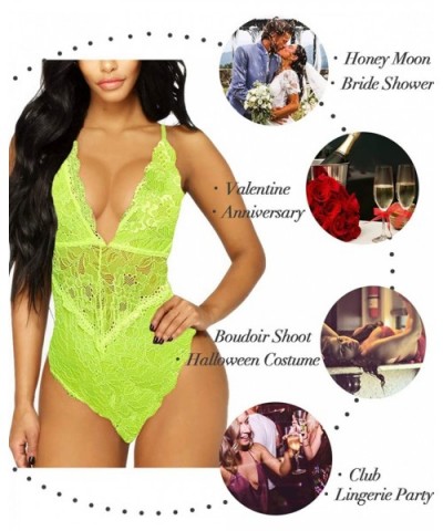 V-Neck See Through Lingerie Floral Lace Babydoll Sexy Lingerie for Women One Piece Bodysuit - Fluorescent Green - CL19DIGQAM7...