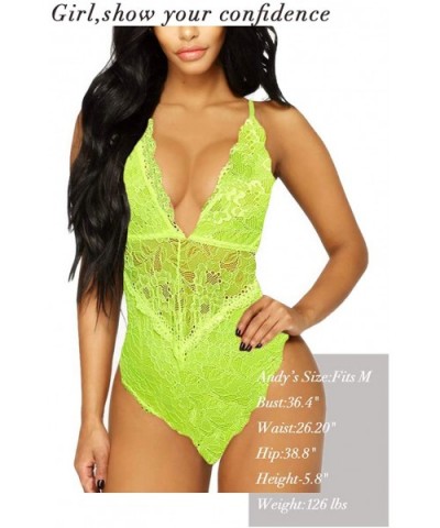 V-Neck See Through Lingerie Floral Lace Babydoll Sexy Lingerie for Women One Piece Bodysuit - Fluorescent Green - CL19DIGQAM7...