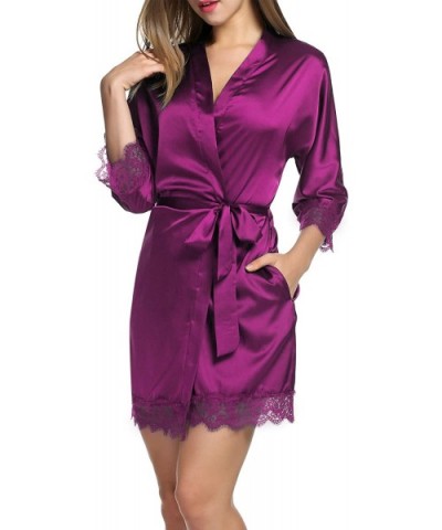 Women's Satin Silky Kimono Short Bridesmaid Robe with Pockets - Dark Orchid - CW189I9AX7S $14.98 Robes