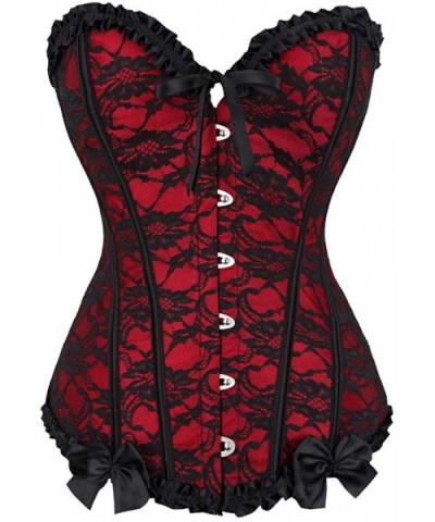 Women's Bustier Emboridery Lace Up Boned Underbust Waist Training Shapewear Hourglass Cincher Corset Top with G-String - Red ...