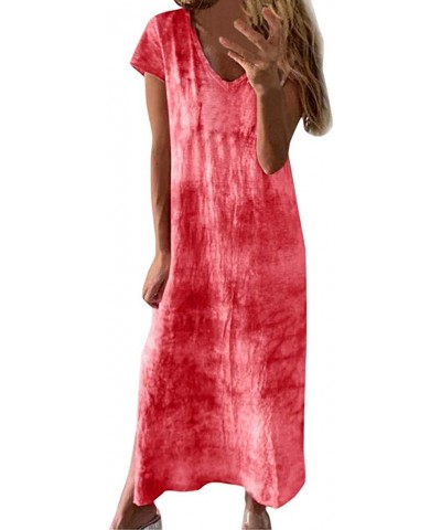 Summer Loose Maxi Dress Casual Printed V Neck Short Sleeved Cotton Beach Sundress Dress - Red - CJ18TU62L9O $26.42 Robes