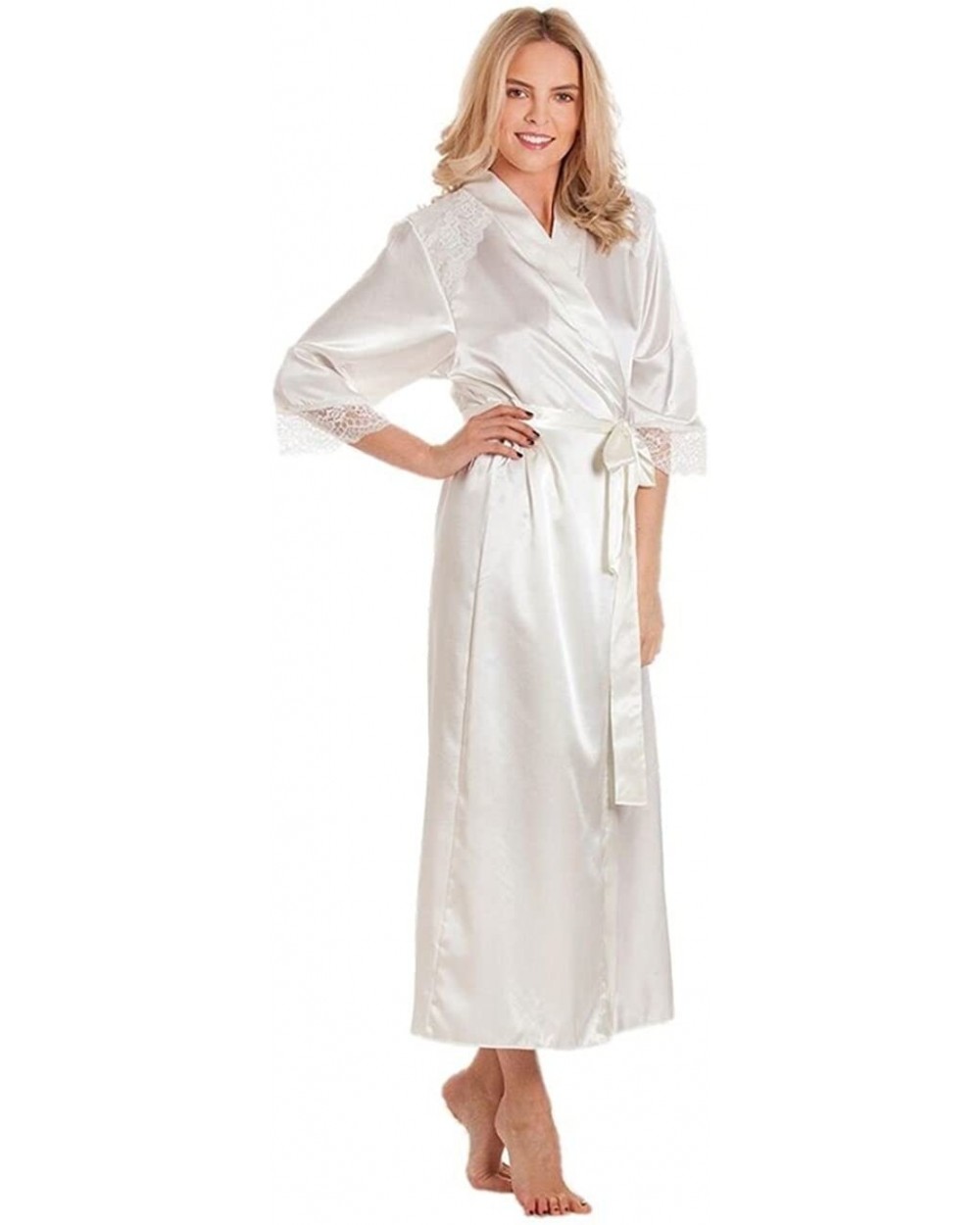 Ladies Satin Robe wrap Dressing Gown Kimono Housecoat Cover up Plus Size - Ivory - CS18GETX93G $39.00 Robes