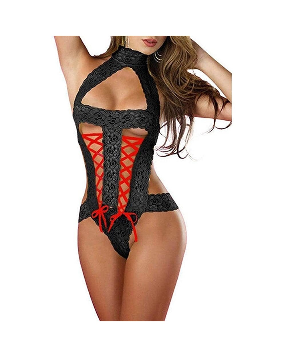 Lingerie Sexy Lace Bandage Halter Temptation Underwear Bodysuit Babydoll - Black - CY18OA7TSS7 $12.98 Baby Dolls & Chemises