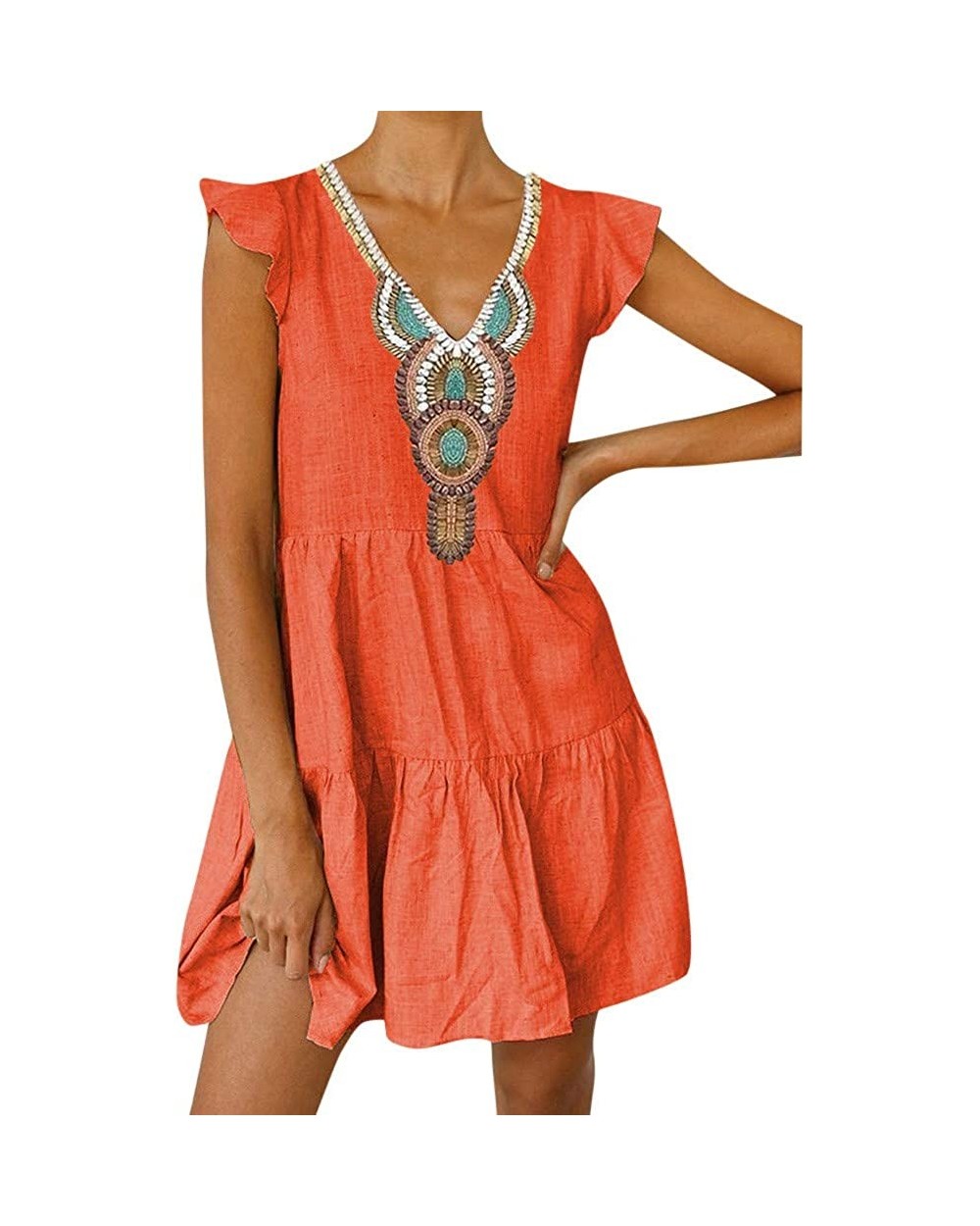 Women's Printed Short Sleeve V Neck Maxi Dress Split Hem Baggy Kaftan Mini Dress - Orange - CJ18SDYEU79 $28.29 Thermal Underwear