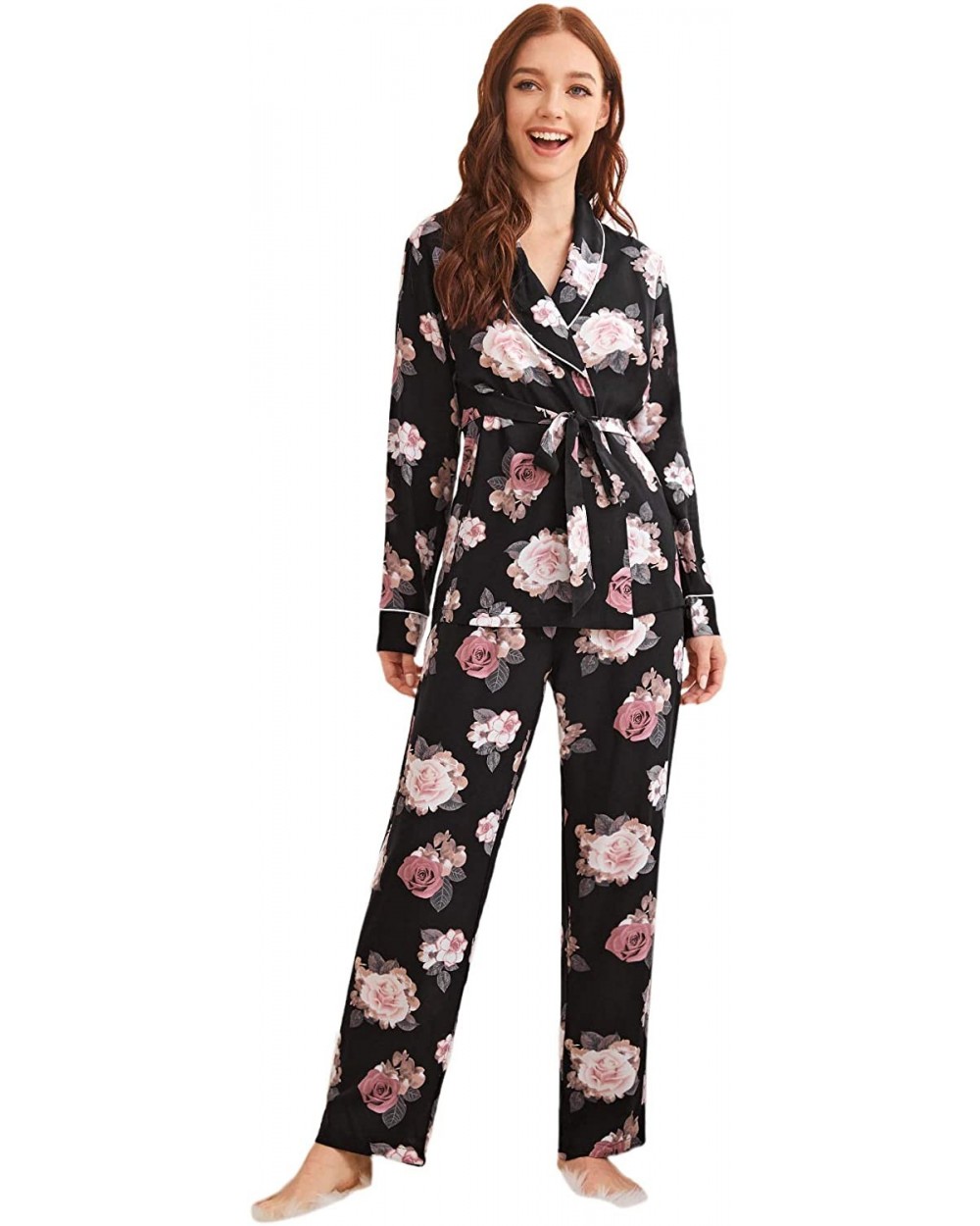 Women's Floral Print Long Sleeve Wrap Top with Pants 2 Piece Pajama Sleepwear Sets - Black - CF197Y7YINH $37.98 Sets