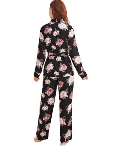 Women's Floral Print Long Sleeve Wrap Top with Pants 2 Piece Pajama Sleepwear Sets - Black - CF197Y7YINH $37.98 Sets