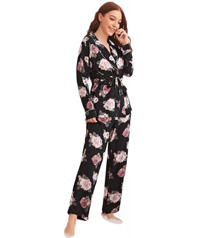 Women's Floral Print Long Sleeve Wrap Top with Pants 2 Piece Pajama Sleepwear Sets - Black - CF197Y7YINH $37.98 Sets