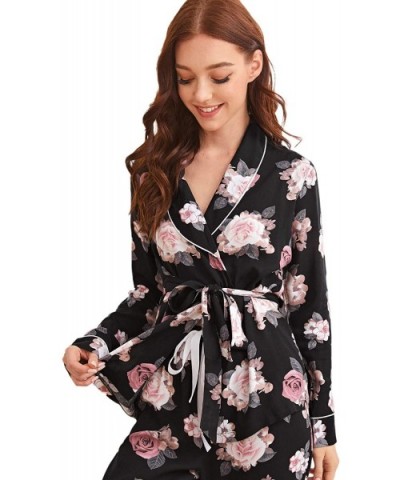 Women's Floral Print Long Sleeve Wrap Top with Pants 2 Piece Pajama Sleepwear Sets - Black - CF197Y7YINH $37.98 Sets