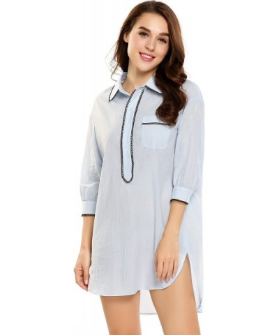 Women Bofriend Sleepwear 3/4 Sleeve Nightgown Pajama Top Buttom Up Nightshirt with Front Pocket Black - Clear blue - CI18YREH...