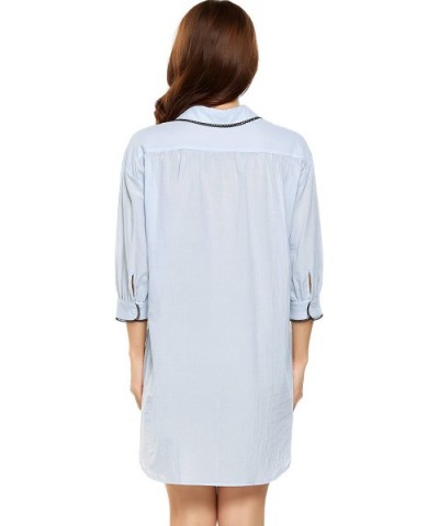 Women Bofriend Sleepwear 3/4 Sleeve Nightgown Pajama Top Buttom Up Nightshirt with Front Pocket Black - Clear blue - CI18YREH...